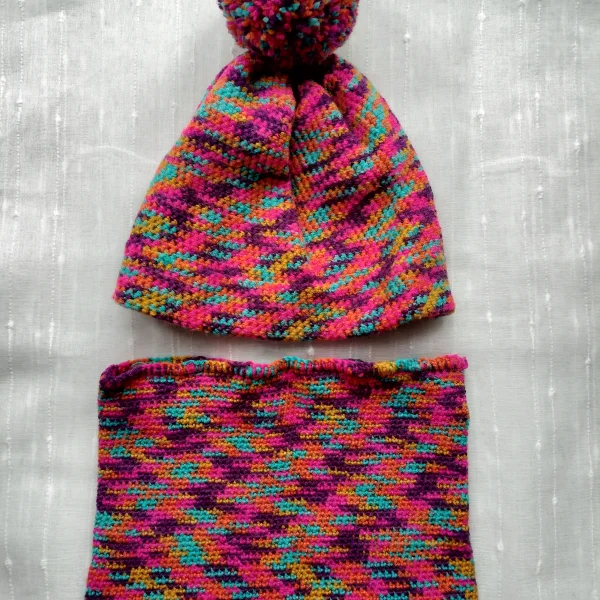 Hand knitted hat and cowl